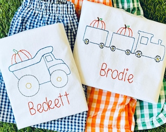 SHIPS FREE and FAST - Long/Short Sleeve - Personalized Pumpkin Train or Dump Truck Vintage Stitch Embroidered Shirt w optional Pants/Shorts