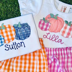 Può includere: T-shirt bianche con applicazioni di zucche in fantasia gingham arancione, blu e rosa. Una maglietta ha il nome "Sutton" ricamato in blu, l'altra "Lilla" in rosa. Gli outfit includono pantaloncini abbinati.