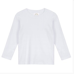 May include: A white long-sleeved t-shirt with a crew neck.