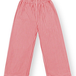 May include: Red and white gingham pants with an elastic waistband.