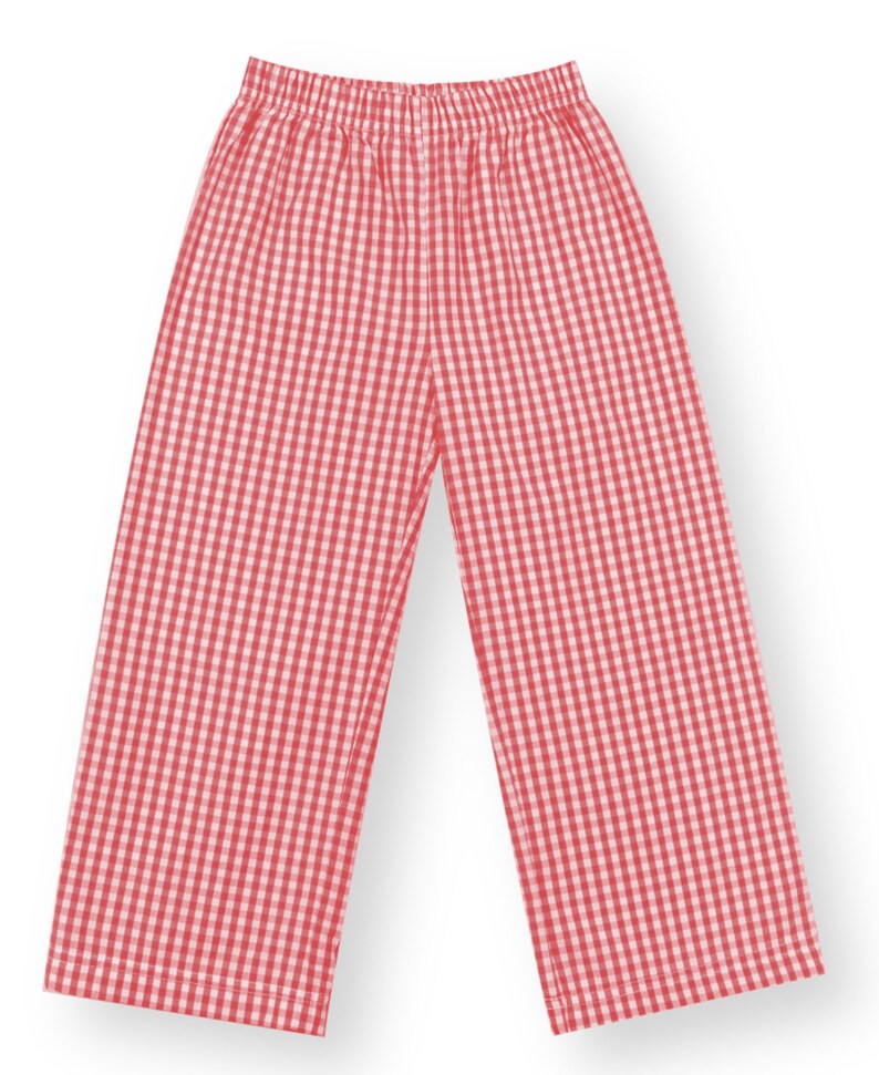 May include: Red and white gingham pants with an elastic waistband.
