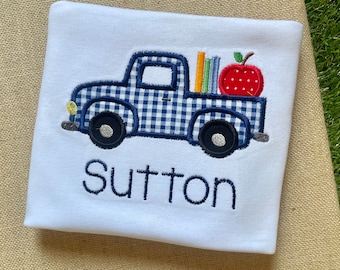 Personalized Boys Back to School Shirt: Embroidered Gingham Truck