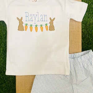 Ships FAST - Personalized Easter Shirt: Infant Baby Toddler Boys Embroidered Bunny Carrots Shirt Outfit with optional pants or shorts image 3