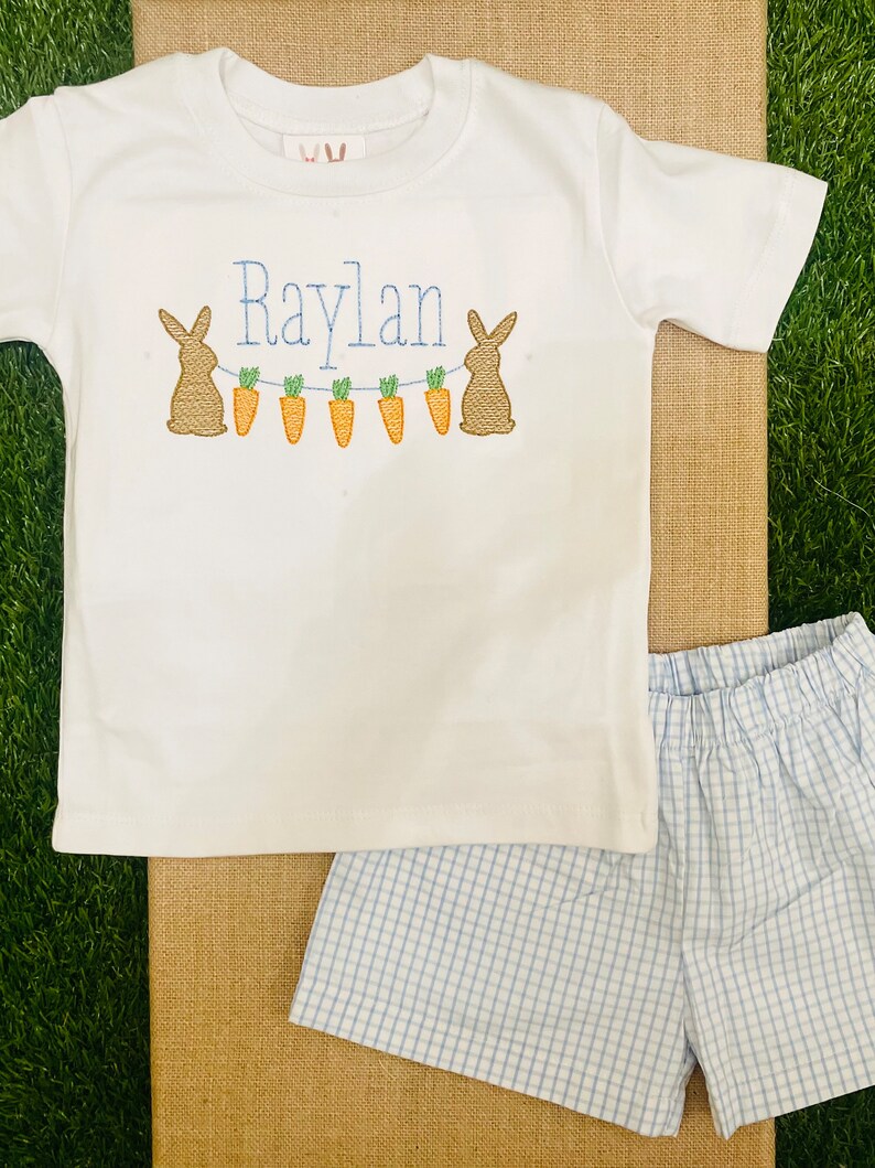 Ships FAST - Personalized Easter Shirt: Infant Baby Toddler Boys Embroidered Bunny Carrots Shirt Outfit with optional pants or shorts image 3