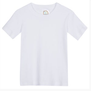 May include: A plain white short-sleeved t-shirt for kids. The shirt has a small, round label with the letters "BB" in a colorful design.