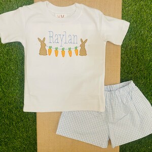 Ships FAST - Personalized Easter Shirt: Infant Baby Toddler Boys Embroidered Bunny Carrots Shirt Outfit with optional pants or shorts image 2