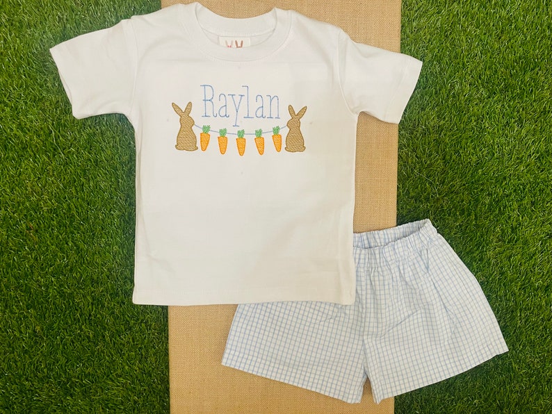 Ships FAST - Personalized Easter Shirt: Infant Baby Toddler Boys Embroidered Bunny Carrots Shirt Outfit with optional pants or shorts image 2