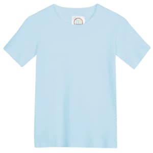 May include: A solid light blue short-sleeve t-shirt with a crew neckline. The garment features a small white interior neck label with the letters BB printed in a circular gold border, centered at the inner collar of the plain light blue shirt.