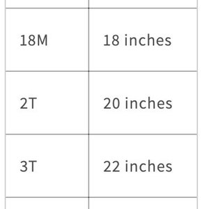 May include: A chart showing the size of children's clothing in months and years, with the corresponding chest measurement in inches.