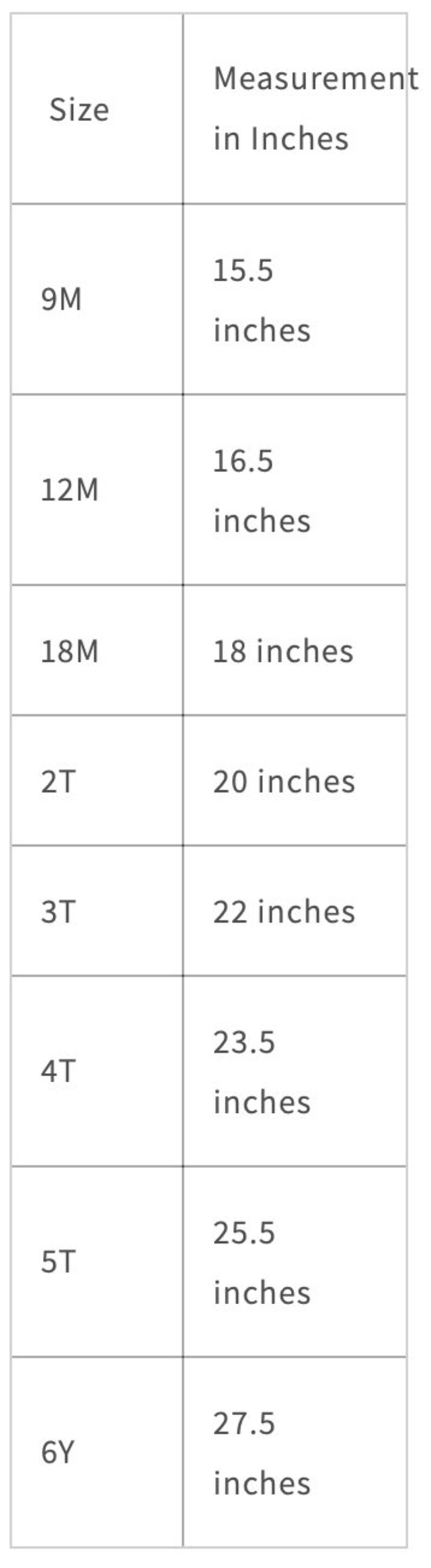 May include: A chart showing the size of children's clothing in months and years, with the corresponding chest measurement in inches.