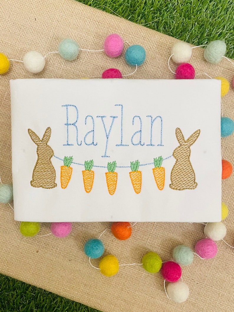 Ships FAST - Personalized Easter Shirt: Infant Baby Toddler Boys Embroidered Bunny Carrots Shirt Outfit with optional pants or shorts image 1