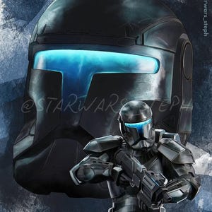 May include: Digital artwork of a black armored character with a helmet and weapon, set against a dark blue background. The helmet has a glowing blue visor. The artwork is signed and includes the text "@starwars_steph".
