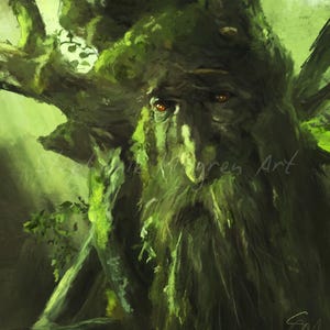 May include: A digital painting of a tree-like figure with a long beard and intense orange eyes. The figure is covered in green moss and foliage, with the text "Stephen Wagner Art" visible in the lower left corner.