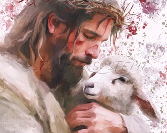 Wounded Shepherd ~ Jesus Christ & Lamb ~ Christian Art ~ 8x10 Semi-Gloss Print ~ 5x7 Semi-Gloss Print ~ 16x20 Canvas