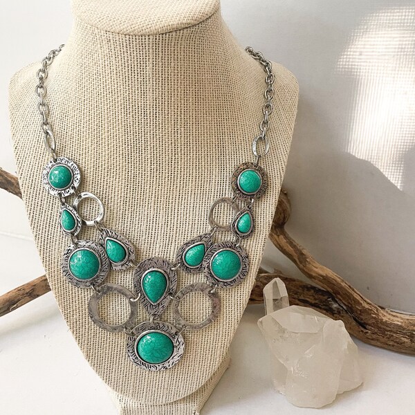 Vintage Silver Tone Faux Turquoise Boho Statement Necklace