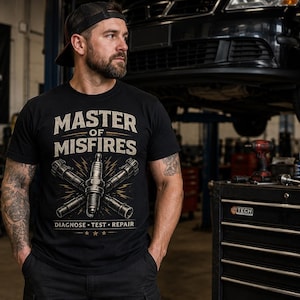 Meister der Fehlzündungen – T-Shirt | Mechaniker-T-Shirt | Geschenk für Kfz-Techniker | Automechaniker-T-Shirt | Diagnose, Test, Reparatur | Shirt für Autoenthusiasten