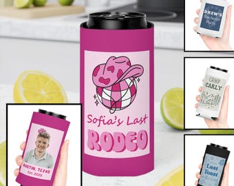 Aangepaste vrijgezellenkoozies - gepersonaliseerde blikjeskoelers, bekers voor Bach-feestgunsten - laatste rodeo, cowgirl, golf, kustthema's