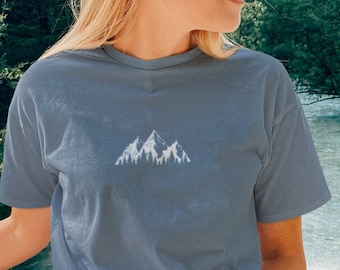 Outdoorsy Mountains Tshirt | Granola Girl Clothing | Nature Lover Aesthetic | Denim Blue Short Sleeve Hiking T Shirt, Oversized Colorado Tee