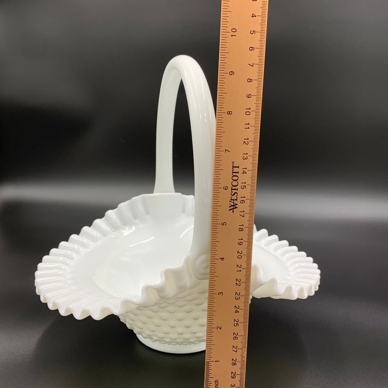 Vintage FENTON Basket, Hobnail Milk Glass Basket, Round Ruffled, Brides