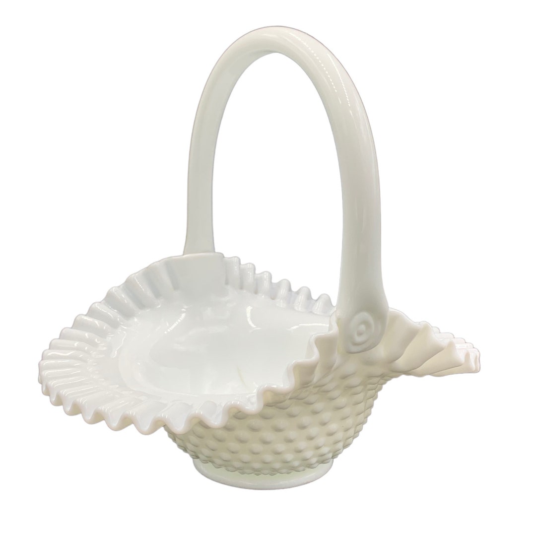 Vintage FENTON Basket, Hobnail Milk Glass Basket, Round Ruffled, Brides