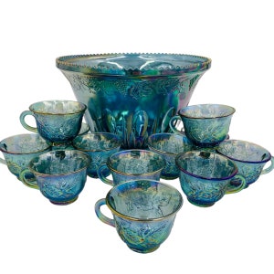 Vintage INDIANA Glass “Princess Blue Carnival” Thirteen (13) Pcs Punch Set. Bowl And 12 Glasses Harvest Grape Pattern