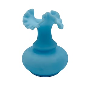 Vintage FENTON Blue Satin Ruffle Crimped 6” Vase