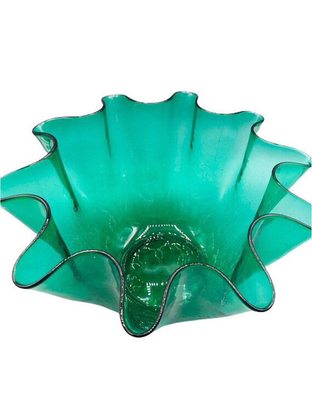 Vintage Art Glass, Crackle Glass Bowl, Handkerchief Style, Ruffled Edge