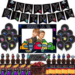Including Among Us theme Party Banners Knives Spoons Cake Toppers Among Us Party Supplies Among Us Birthday Decorations for Among Us Themed Kids Birthday Party Forks Table cover Plates Balloons Napkins