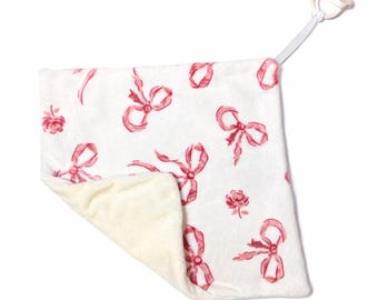 Couverture de confort/de sécurité Lovey pour bébé 30 x 30 cm - nœuds roses. Attache-tétine