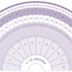 May include: A purple and white protractor with markings for degrees and a center point labeled "1/12 Months".