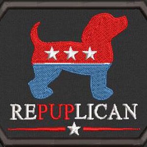 May include: A black and white embroidered patch with a red, white, and blue dog silhouette. The dog is standing on its hind legs with its front paws raised. The dog has three white stars on its chest. The text "REPUPLICAN" is written below the dog in white letters. A single white star is below the text.