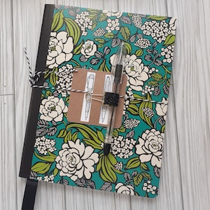 Teal Floral Journal Set, Pen Loop, Altered Composition Book, Notebook