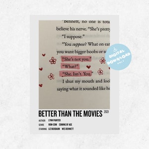 Könnte beinhalten: Ein Poster zum digitalen Download für einen romantischen Komödienfilm mit dem Titel "Better Than The Movies". Das Poster zeigt ein rosafarbenes und weißes Blumenmuster mit Herzen und dem Text "She's not you." "What?" "She. Isn't. You."
