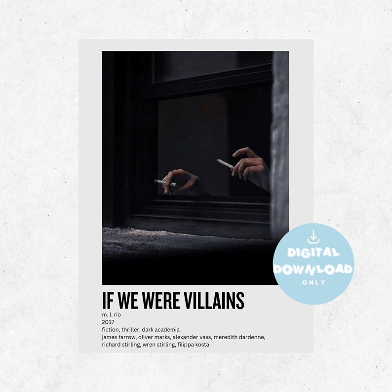 May include: A digital download poster for the young adult novel "If We Were Villains" by M. L. Rio. The poster features a black and white image of two hands holding cigarettes, reflected in a window. The text "IF WE WERE VILLAINS" is in white letters on a black background.