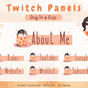 Cute Dog in a Cup Twitch Panels ストリーミングオーバーレイスターターキットレイアウトパックストリーミングセットアップインスタントダウンロード