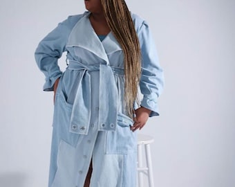 Plus Size Denim Trench Coat with Fringe - Color Block Grommet Belt- The Winnie Trench