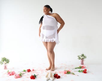 Plus Size Fishnet Bridal Top: One-Shoulder Ruffle Hem- The Sonia Top