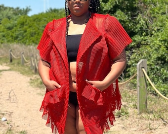 The Tiara Top- Plus Size Fish Net Ruffle Hem Pockets and Sleeves