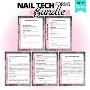 May include: A pink and white printable bundle of nail tech forms. The forms include a nail services intake form, a photo and video release consent form, and a nail services consent form. The forms are designed to be used by nail technicians to collect information from their clients.