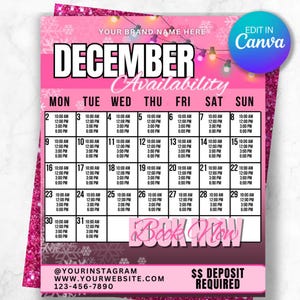 May include: Pink December calendar with availability slots for appointments. The calendar features a pink glitter border and the text "December Availability." The days of the week are listed across the top.