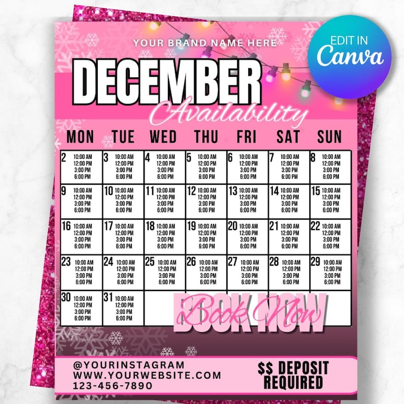 December Monthly Availability Calendar Nail Tech Time Slots Flyer Edit ...