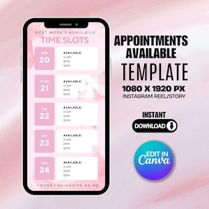 Weekly Available Booking Time Slots Canva Editable Social Media Post Template Story Flyer