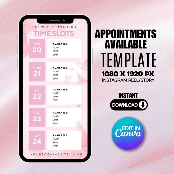 Weekly Available Booking Time Slots Canva Editable Social Media Post Template Story Flyer