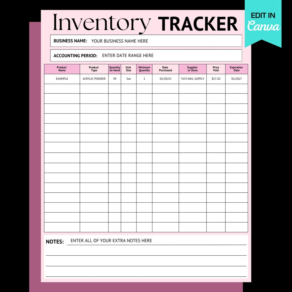 Inventory Management Tracker System Nail Hair Makeup Editable Canva ...