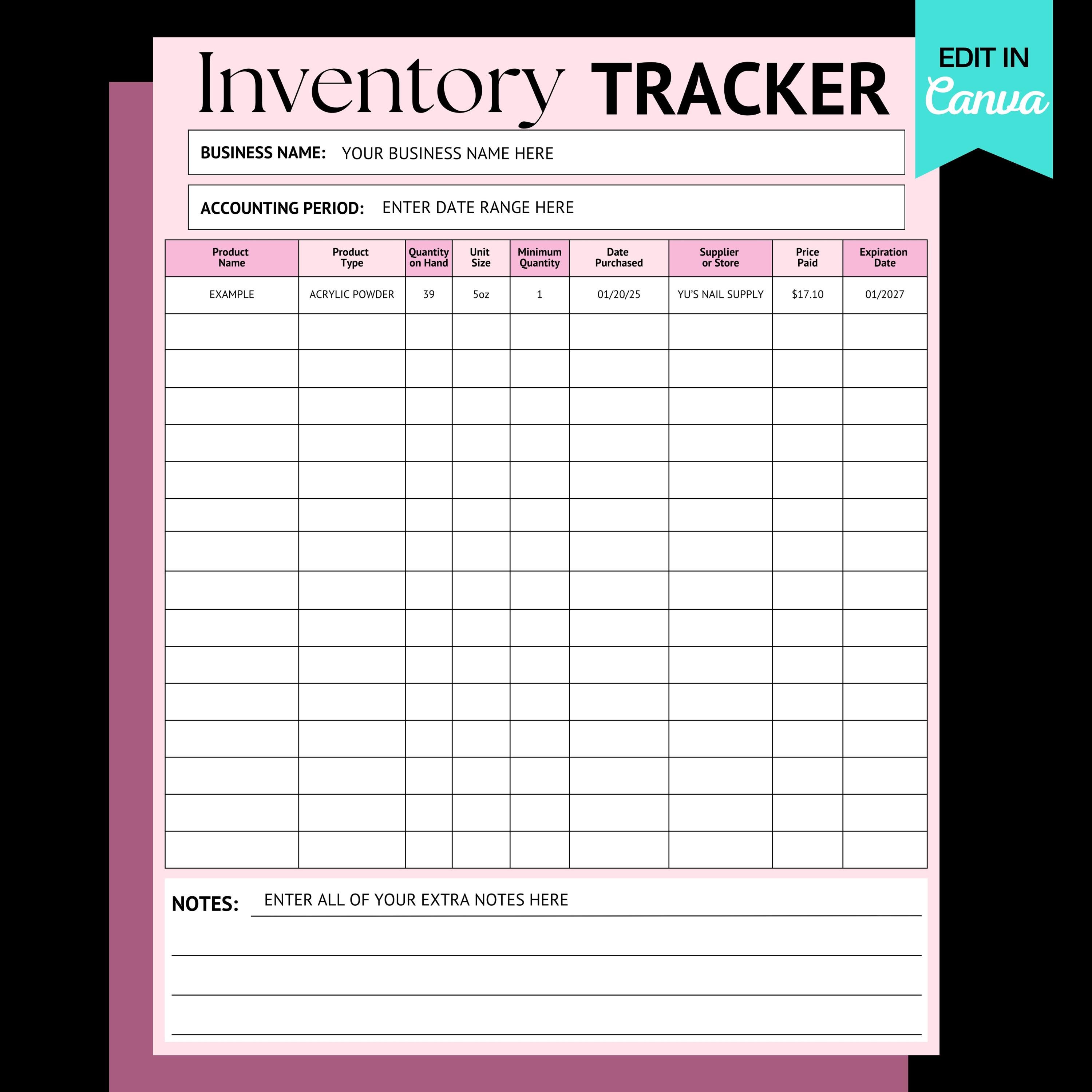 Inventory Management Tracker System Nail Hair Makeup Editable Canva ...