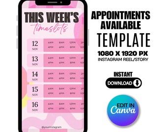 Weekly Availability Booking Calendar Time Slot Editable Canva Instagram Story Schedule Beauty Flyer Template Lash Tech Nail Tech Hairstylist