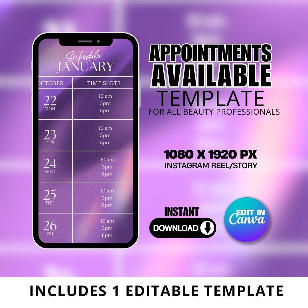 Weekly Available Booking Time Slots Canva Editable Social Media Post ...