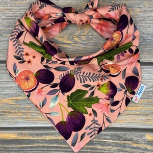 May include: A pink dog bandana with a fig and floral pattern. The bandana features illustrations of figs, leaves, and flowers in shades of purple, green, and pink. The bandana is tied at the top.
