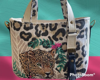 Artisan Handbag, Tote, crossbody, embroidered Leopard, Linen, Leather