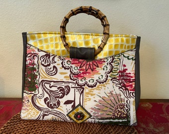 Handbag,Tote, artisan made, Vintage barkcloth, patent leather, Tropical, bamboo,